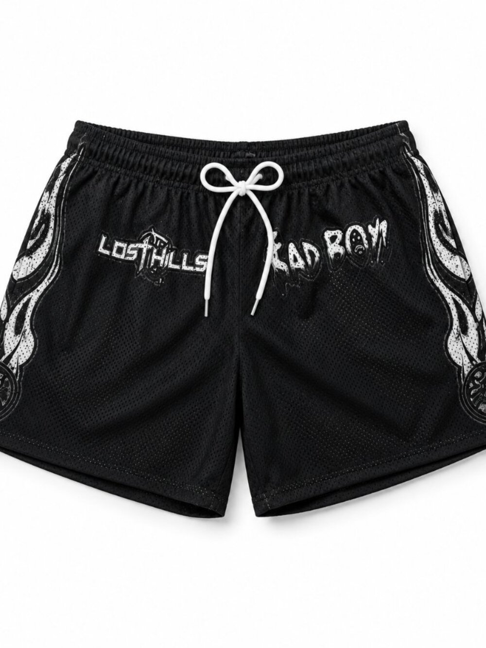 Lost Hills x Sad Boyz Mesh Shorts Black Graphic Pockets Drawstring Size Large L